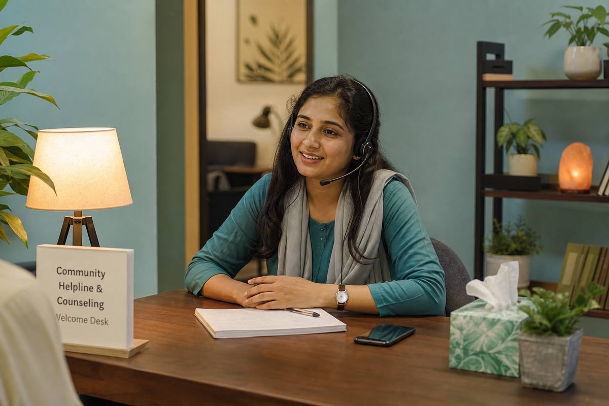 Helpline coordinator at a quiet counseling desk